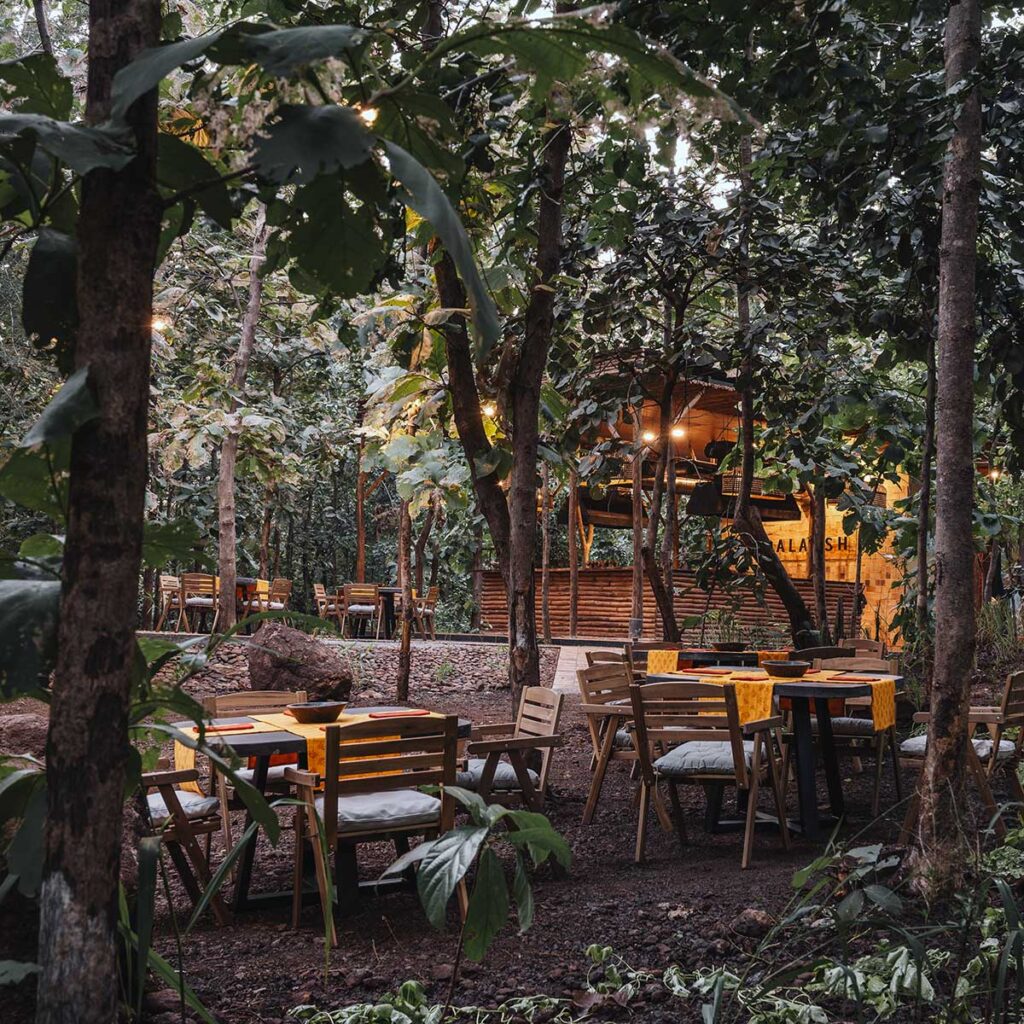 Shaded forest dining pavilion – al fresco lunch Tipai eco resort India