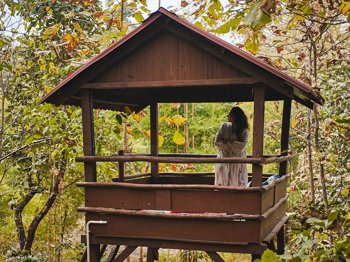 Guest enjoying jungle view from luxury forest villas at Tipai near Tipeshwar