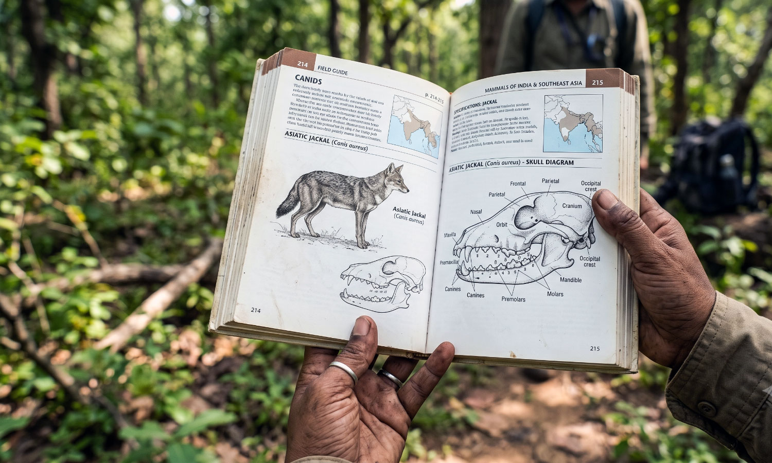 A naturalist referencing a field guide during a jackal identification walk at Tipeshwar