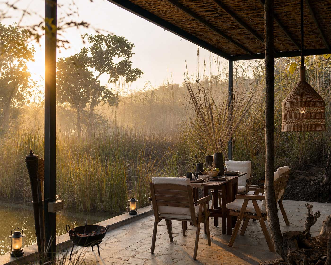Private forest villa sit-out overlooking the wilderness at dawn in Tipeshwar