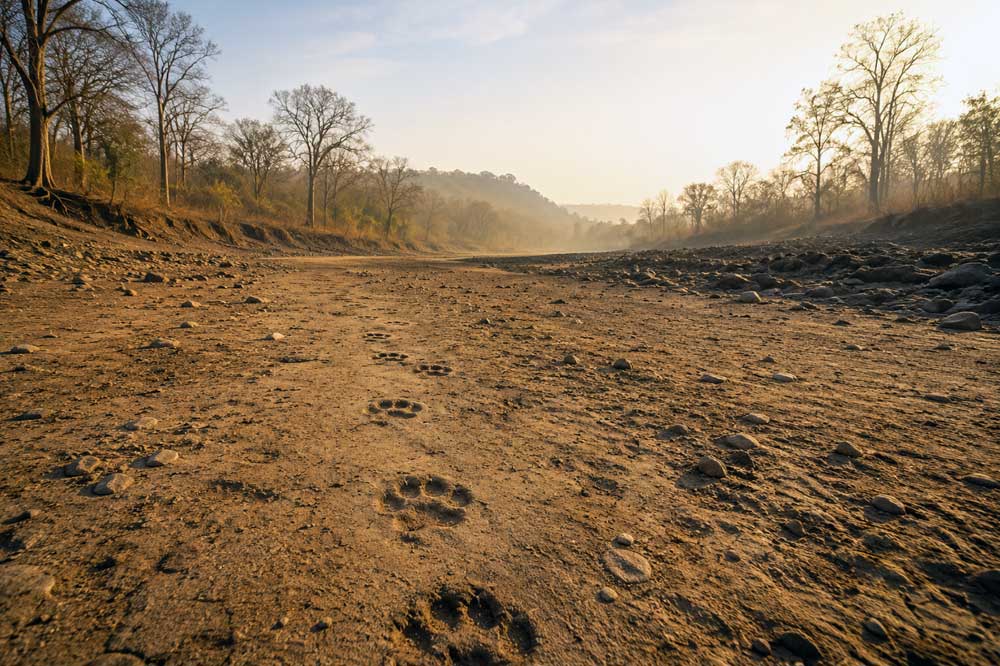 A dry riverbed inside Tipeshwar Wildlife Sanctuary during summer, tiger pugmarks visible in the dust, teak forest in the background