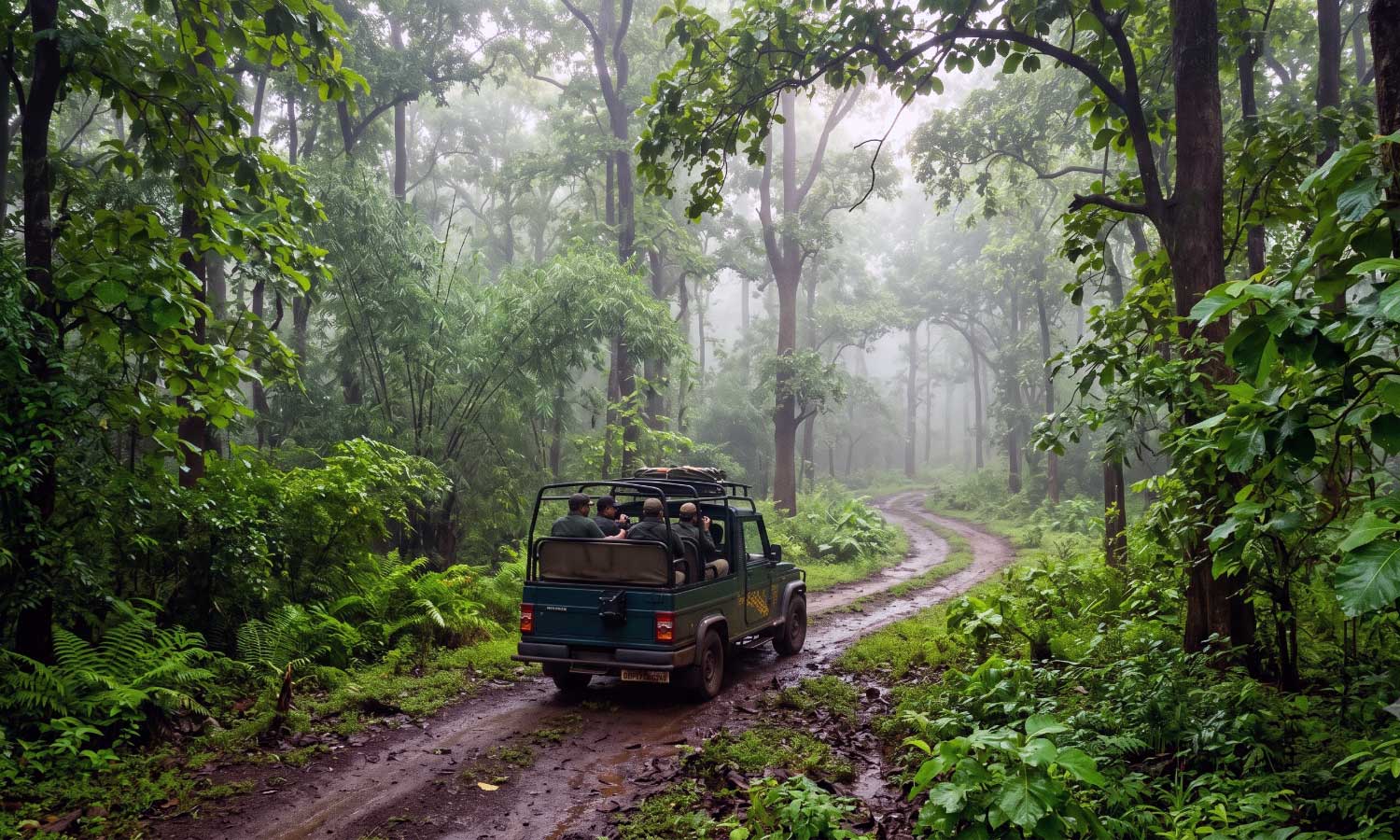Morning safari in Tipeshwar Wildlife Sanctuary in October, forest green after the monsoon, mist in the valley
