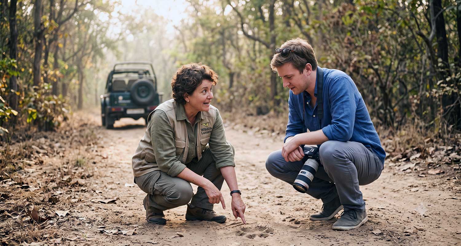 A naturalist showing a guest a fresh tiger pugmark on a Tipeshwar morning safari