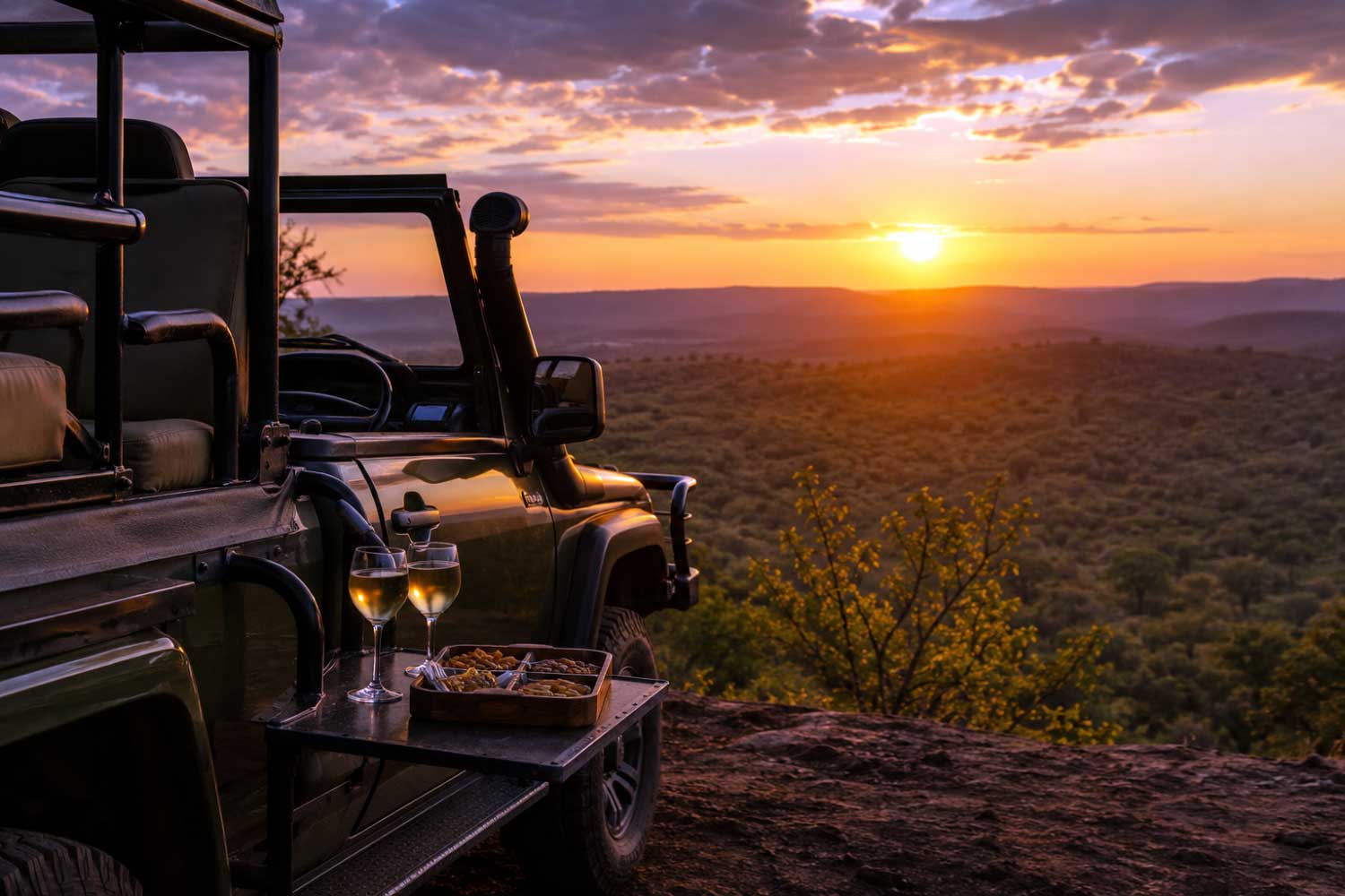 A private safari sundowner stop at sunset near Tipeshwar Wildlife Sanctuary
