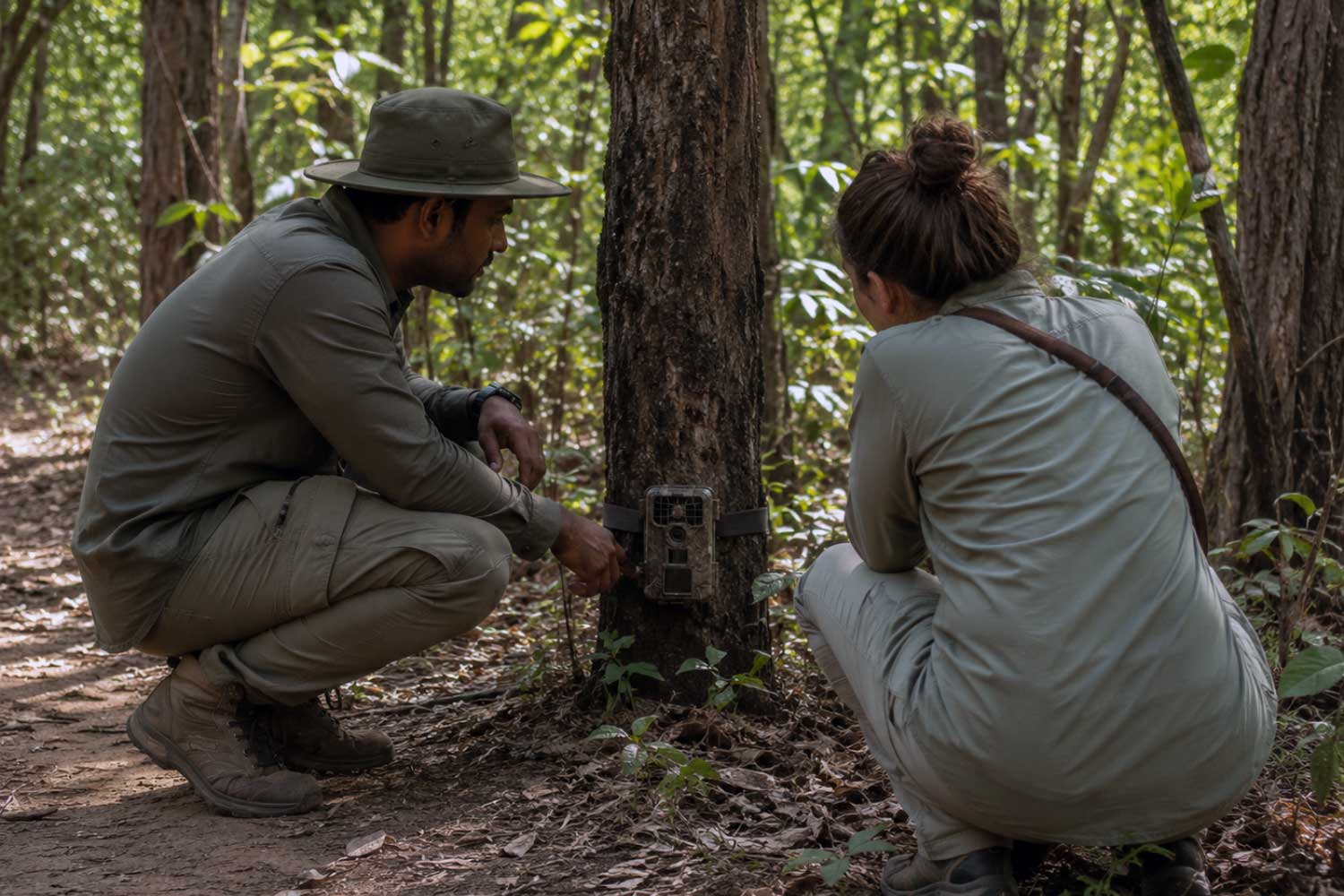A naturalist and guest checking a camera trap unit along Tipai's camera trap trail