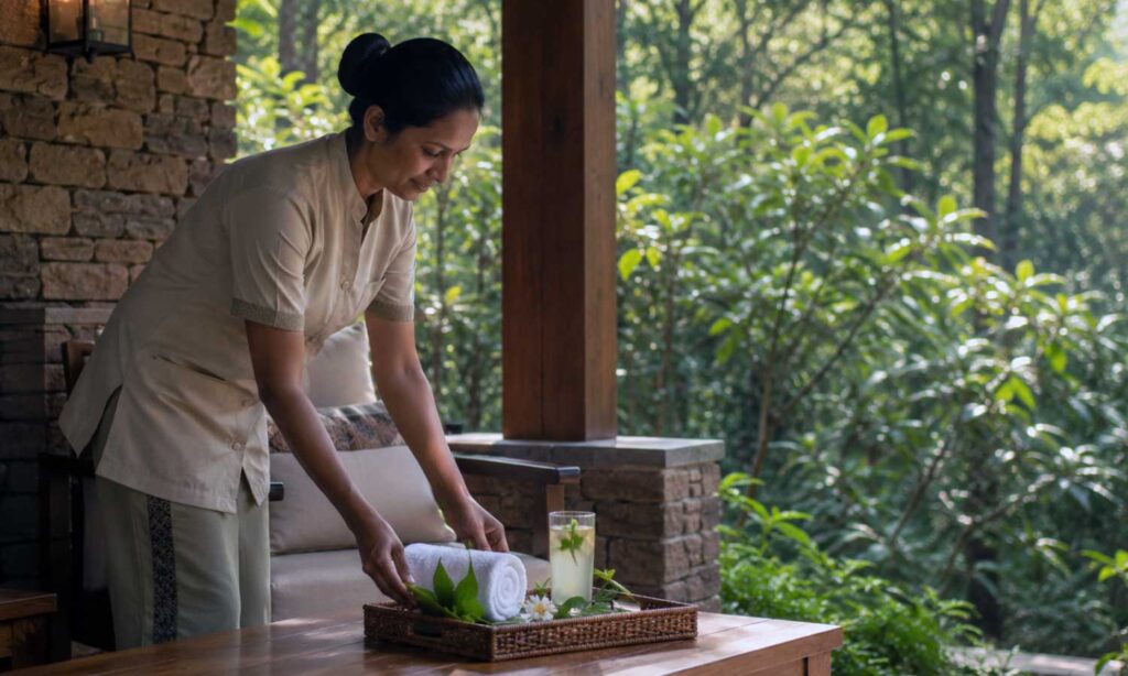 A villa host preparing a welcome setup on a private sit-out at Tipai