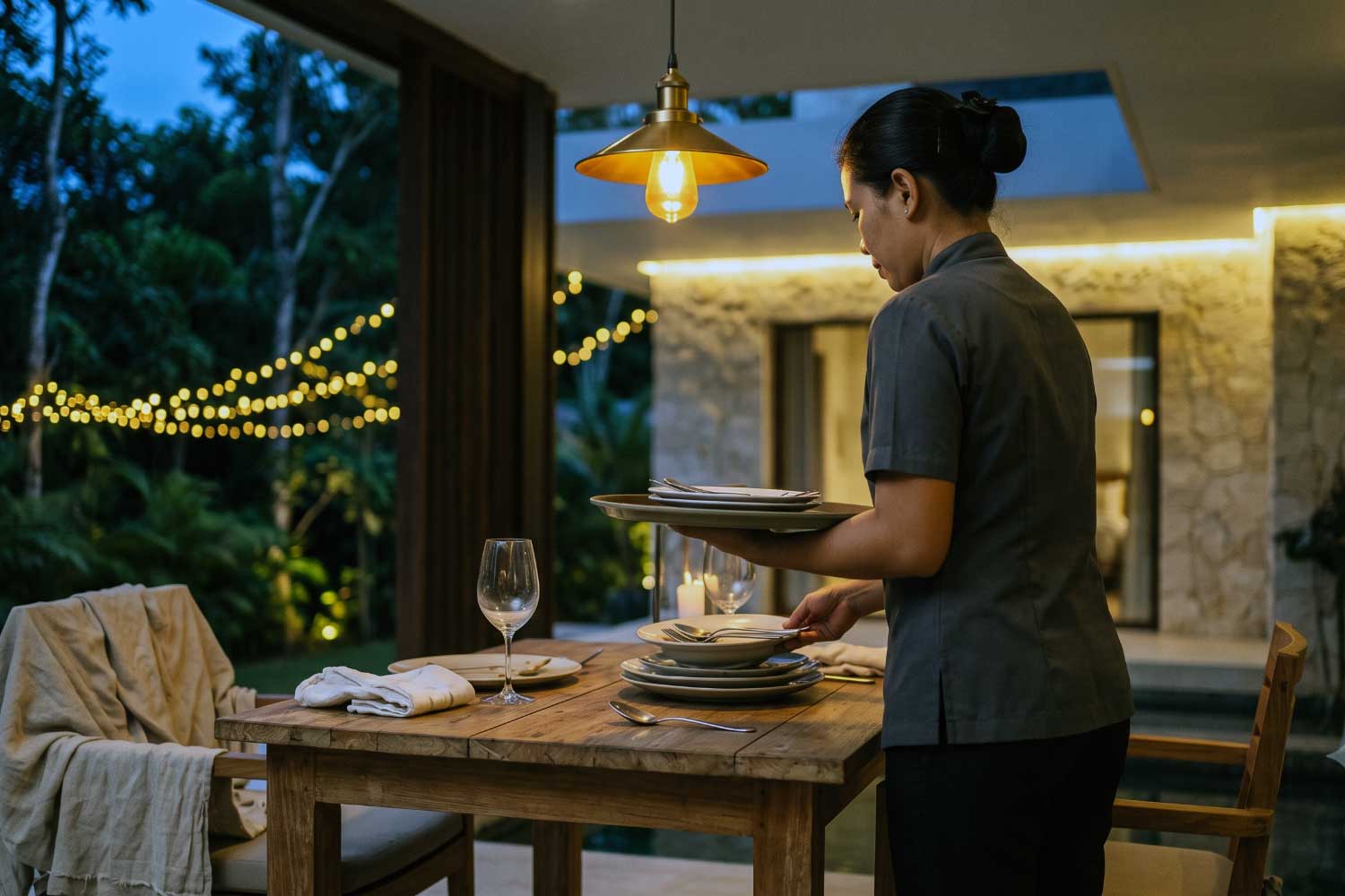 A host discreetly clearing an evening meal setting on a villa sit-out at Tipai
