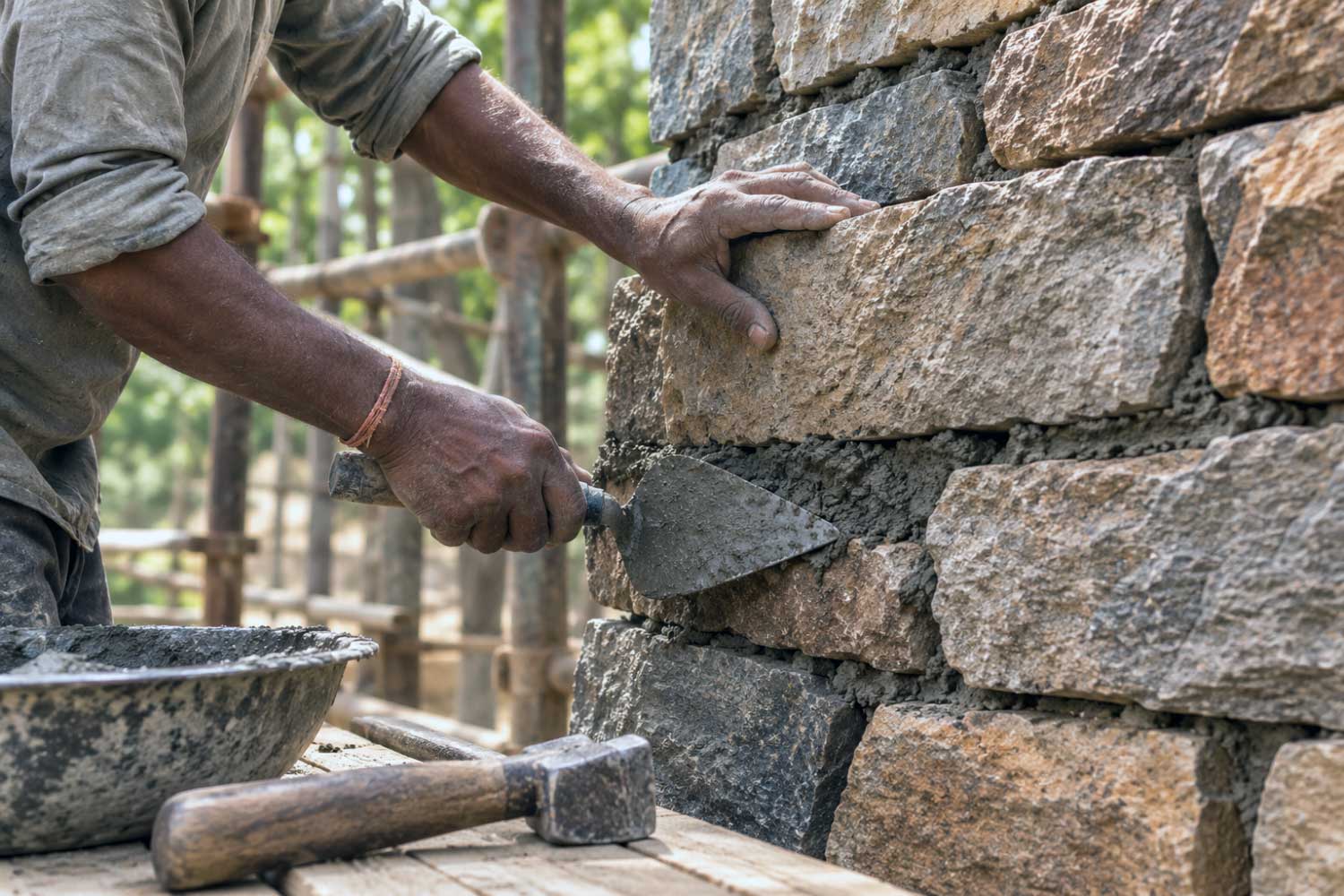 A mason at work on a stone wall detail at Tipai