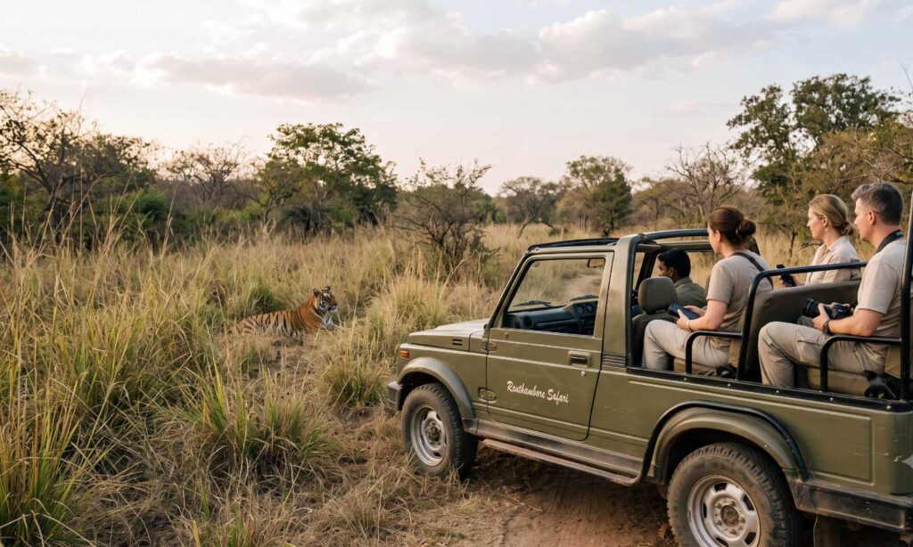 Guests observing a tiger at a respectful distance from a stationary jeep at Tipeshwar