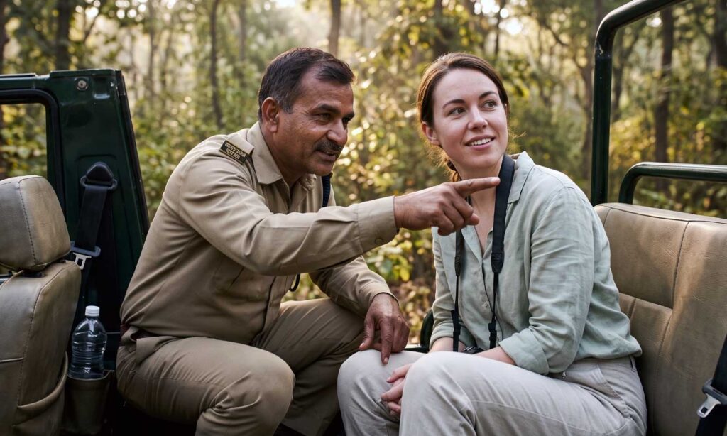 A naturalist explaining a sighting to a first-time guest during a safari at Tipeshwar