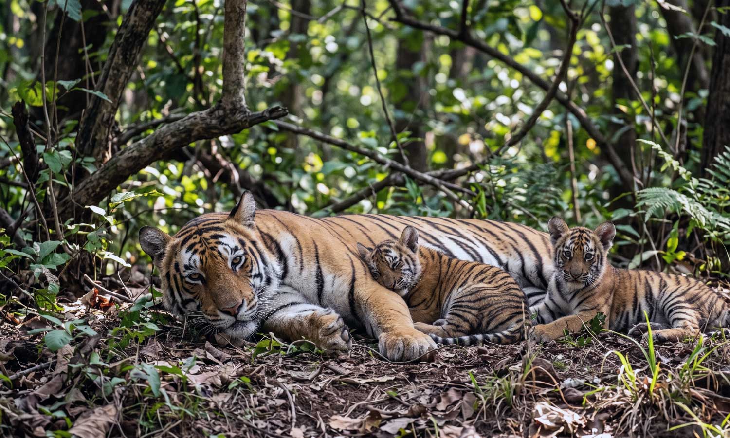 A tigress and her cubs resting in Tipeshwar Wildlife Sanctuary