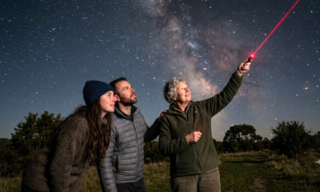 A naturalist pointing out constellations to guests during a stargazing session at Tipai