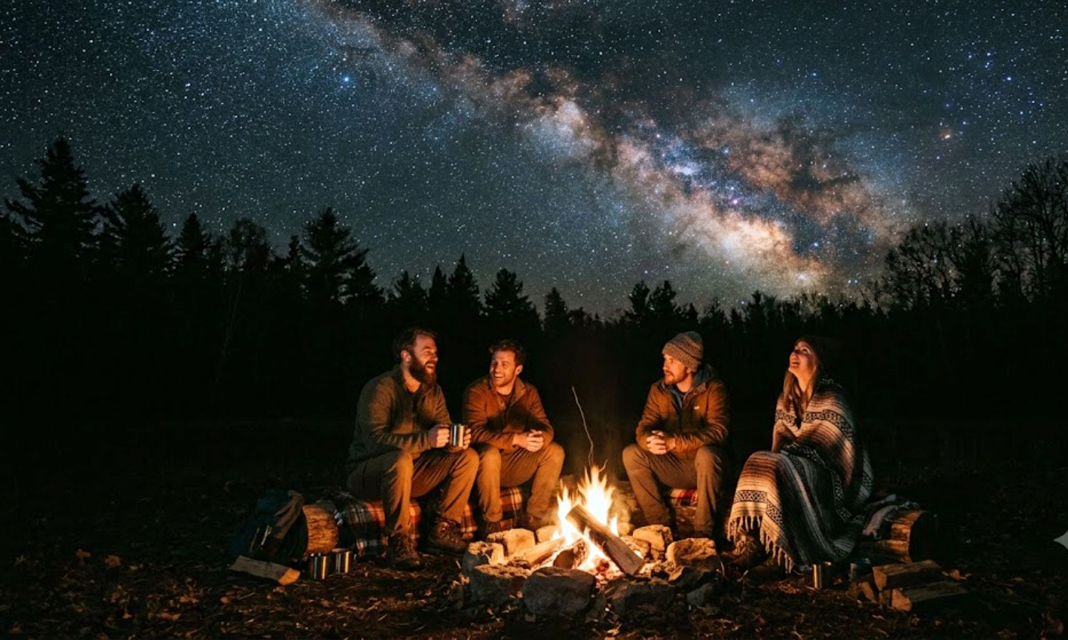 Guests around a bonfire under a star-filled sky at Tipai on New Year's Eve