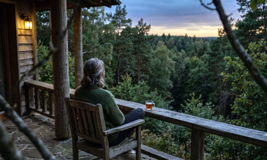 A solo guest seated alone on a private villa sit-out at Tipai at dusk