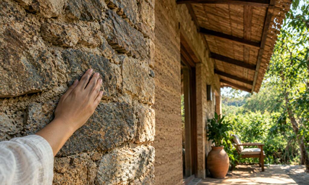 A hand on a vernacular stone wall at Tipai, illustrating sustainable luxury built from local materials