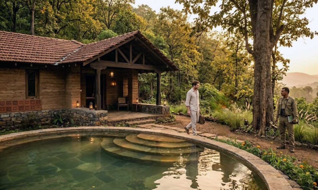 Local host and naturalist welcoming a guest at a Tipai forest villa beside Tipeshwar Wildlife Sanctuary